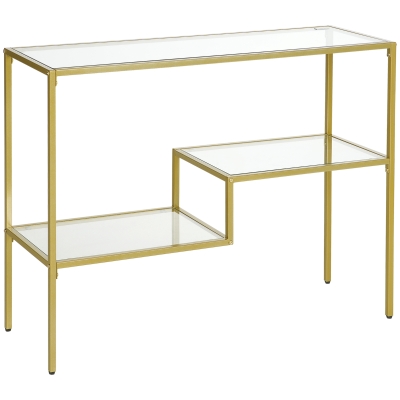 HOMCOM Gold Console Table, 39" Glass Sofa Table with Storage Shelves