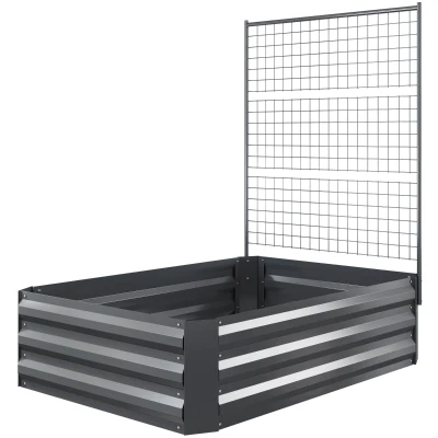 Outsunny Galvanized Raised Garden Bed with Trellis for Climbing Plants, Outdoor Planter Box with Open Bottom, Dark Grey