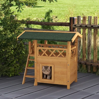 PawHut Outdoor Cat House, Wooden Kitten Condo, Natural