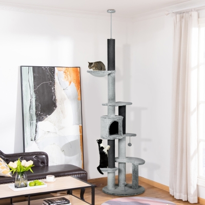 PawHut 89"-100" Floor to Ceiling Cat Tree w/ Hammock, Scratching Posts, Condo, Perches, Toy Ball, Anti-tip Kit, Grey