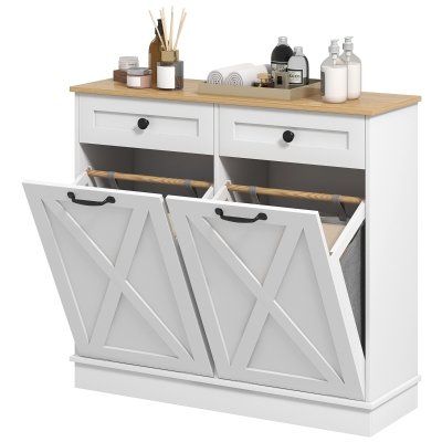 HOMCOM Tilt Out Laundry Cabinet, Bathroom Storage Cabinet with 2 Removable Baskets and 2 Drawers, White