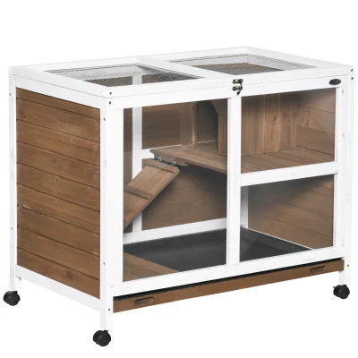 PawHut Indoor Rabbit Hutch with Wheels, Bunny Cage Guinea Pig House W/ Top Access, Ramp, Pull Out Tray, Brown