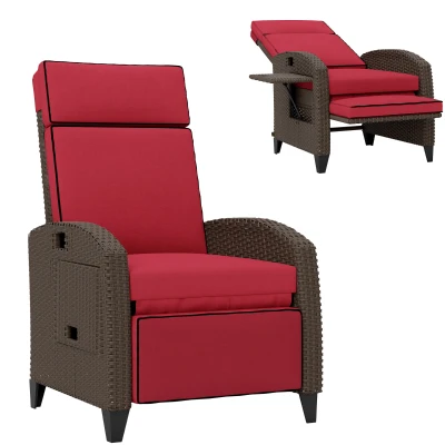 Outsunny Outdoor Recliner Chair with Adjustable Backrest, Footrest, Thick Cushion, Side Tray, Up to 264 lbs, Wine Red