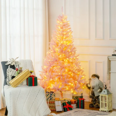 HOMCOM 6FT Pre-Lit Artificial Christmas Tree, 250 LED Lights, Pink