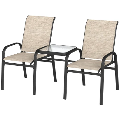 Outsunny Outdoor Loveseat with Glass Table, Garden Patio Bench with Breathable Mesh Seat, High Back, Armrests, Brown