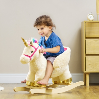 Qaba Rocking Horse Unicorn with Sound, Safety Belt, Wooden Base, for 18-36 Months