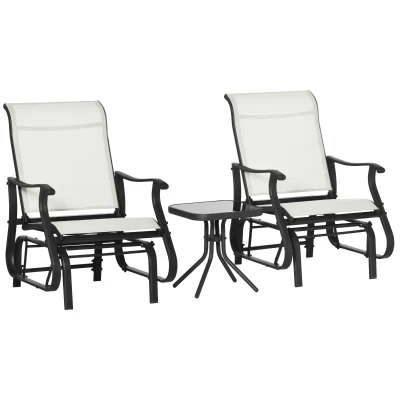 Outsunny 3PCs Gliding Rocking Chair & Bistro Tea Table Set, Cream White