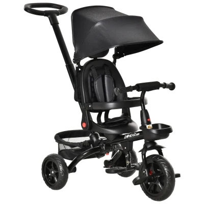 Qaba Tricycle for Toddler 4 in 1 Kids Trike with Reversible Adjustable Seat, Baby Push Bike with Removable Handle, Canopy, Belt Storage Brake Clutch for 1-5 Years, Black