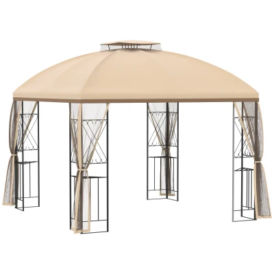 Outsunny 10' x 10' Outdoor Patio Gazebo Canopy with Double Tier Roof, Removable Mesh Nettings, Display Shelves, Beige