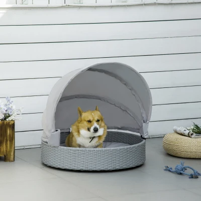 PawHut Wicker Dog Bed with Canopy, Gray