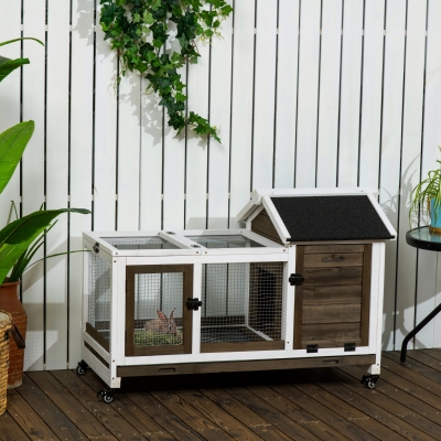 PawHut Rabbit Cage with Wheels, Ramp, Run, Tray for Indoor Outdoor, Suitable for Rabbit, Guinea Pig, Coffee