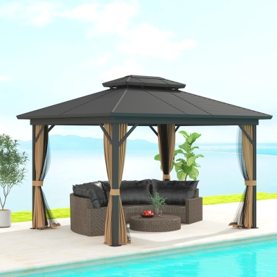 Outsunny 10' x 12' Hardtop Gazebo, Sun Shelter with Double Tier Metal Roof, Mosquito Netting, and Hanging Hook, Dark Brown