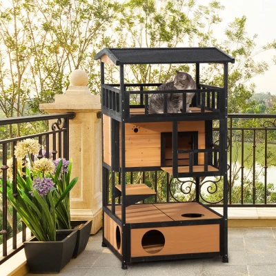 PawHut Wooden Outdoor Cat House, Yellow Feral Shelter Condo