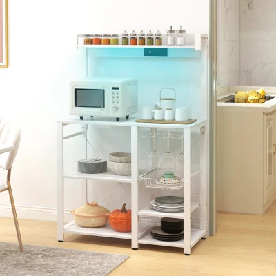 HOMCOM Industrial Kitchen Bakers Rack with Charging Station, White