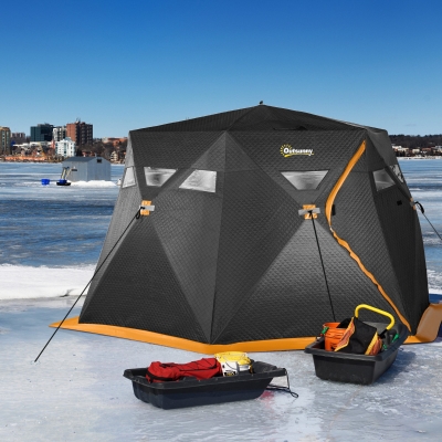 Outsunny 4 Person Insulated Ice Fishing Shelter, Pop-Up Portable Ice Fishing Tent with Carry Bag and Two Doors for -22℉, Black