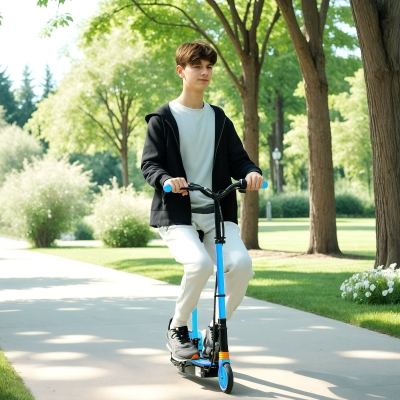 Soozier Foldable Electric Scooter for Kids Ages 6-14, with Seat and 2 Adjustable Heights, Max 6km Range & 12km/h, Blue