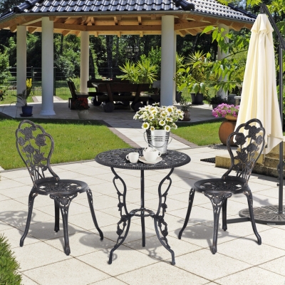 Outsunny 3 Pieces Aluminum Bistro Set, Bistro Table Set Outdoor Patio Furniture with Umbrella Hole, Patio Table and Chairs with Floral Patterns for Garden, Balcony, Porch, Bronze