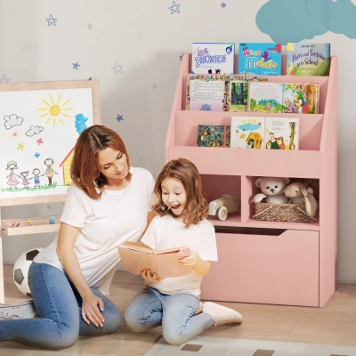 HOMCOM Kids Bookcase with Mobile Drawer, Pink