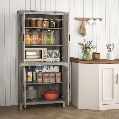 HOMCOM 64" Kitchen Pantry Cabinet, 4-Door with Adjustable Shelves, Gray Oak