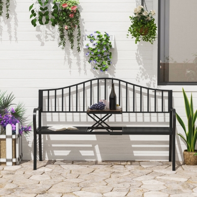 Outsunny Outdoor Bench with Retractable Middle Table, Metal Frame Patio Loveseat with Slatted Seat and Backrest, Curved Armrests, Black