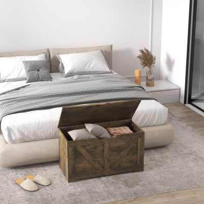 HOMCOM 31.5 Inches Storage Chest, Storage Trunk with 2 Safety Hinges for Living Room, Brown Wood Grain