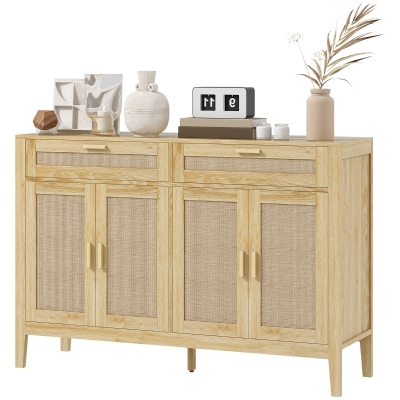 HOMCOM Boho Kitchen Cabinet with Rattan Doors & Drawers, Oak