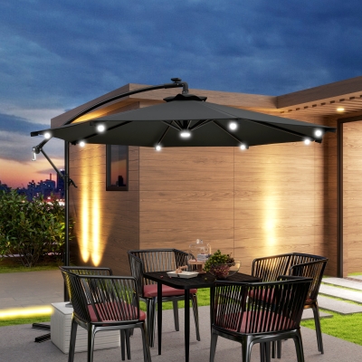 Outsunny 8.8FT Cantilever Patio Umbrella with Solar Powered LED Lights, Crank Handle, Cross Base for Outdoor Sun Shade, Grey