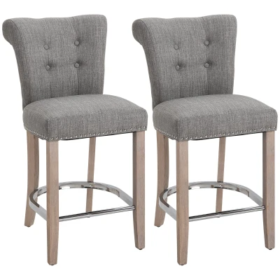 HOMCOM Bar Stools Set of 2, Upholstered Counter Height Stools with Button Tufted Back, Wood Legs and Footrest, Grey