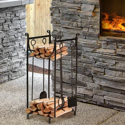 Outsunny 30" Firewood Rack with Tools, 2-Tier Outdoor Holder, Black