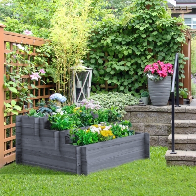 Outsunny 3-Tier Wood Raised Garden Bed, Elevated Planting Box, Outdoor Vegetable Flower Container, Herb Garden Indoor Kit, Gray