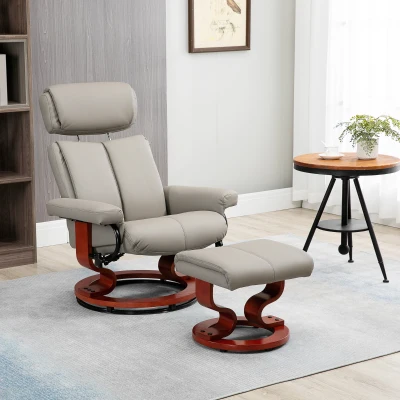 HOMCOM Grey Swivel Recliner Chair with Ottoman and Wood Base