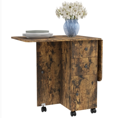 HOMCOM Drop Leaf Dining Table, Mobile Folding Table on Wheels with Drawers and Cabinet for Dining Room, Kitchen, Rustic Brown