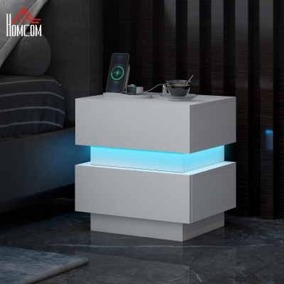 HOMCOM Bedside Table with Charging Station and LED Light Modern Nightstand with USB Ports AC Outlets Drawers Remote, White