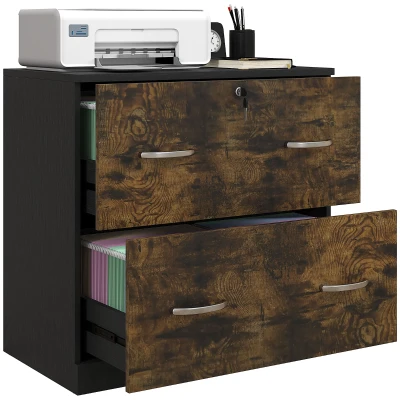 Vinsetto 2 Drawer File Cabinet with Lock, Office Filing Cabinet, Hanging Bar for Letter Size, Home Office, Rustic Brown