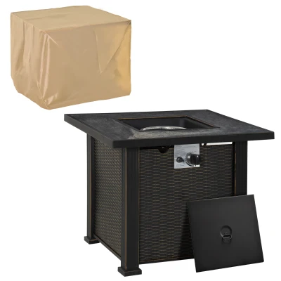 Outsunny 30 Inch Outdoor Gas Fire Pit Table, 50000 BTU Wicker Auto Ignition Propane Fire Table with Lid, Lava Rocks and Cover, CSA Certification for Patio