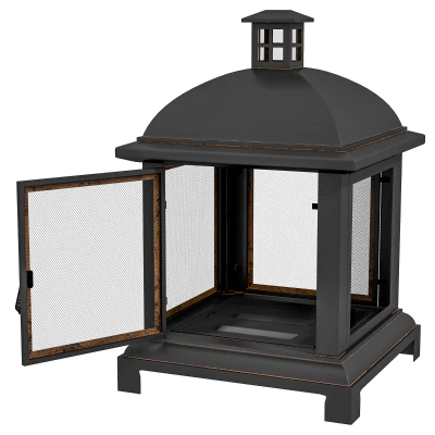 Outsunny Wood-Burning Fire Pit, Chimney Style Firepit with Poker, 26" x 26", Black