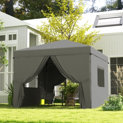 Outsunny 10' x 10' Pop Up Canopy Tent, Instant Sun Shelter, with Wheeled Bag and Mesh Windows, Height Adjustable, Light Grey