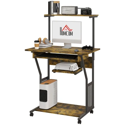 HOMCOM 32" Mobile Computer Table, Rolling Study Desk for Home Office with Keyboard Tray, Storage Shelves, Wheels, Rustic Brown