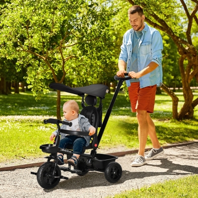 Qaba Kids Tricycle 4 In 1 Trike with Reversible Angle Adjustable Seat Removable Handle Canopy Handrail Belt Storage Footrest Brake Clutch for 1-5 Years Old Black