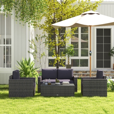 Outsunny Outdoor Furniture with Table, Wicker Furniture with Loveseat and 2 Chair for Garden, Poolside, Grey
