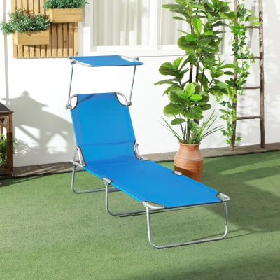 Outsunny Folding Pool Chaise Lounge Chair with Sun Shade, Blue