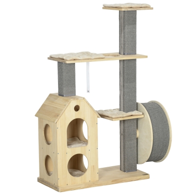 PawHut Cat Tree, Double-Layer House, 32"x16"x53", Natural