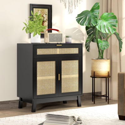HOMCOM Boho Sideboard Storage Cabinet with Rattan Doors, Black