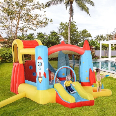 Outsunny Bounce Castle Inflatable Trampoline Slide Pool Rocket Design 11.14' x 9.18' x 6.06'