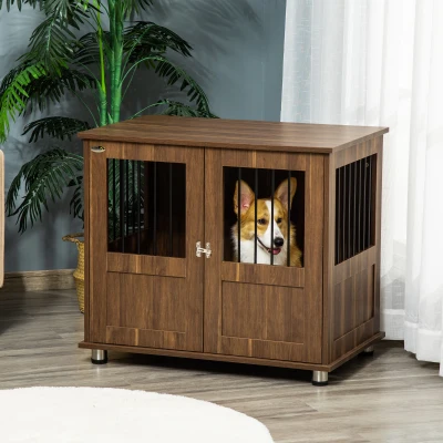 PawHut Wooden Dog Crate End Table, Lockable, Brown