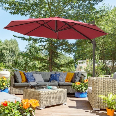 Outsunny 10ft Cantilever Patio Umbrella with 360° Rotation, Crank & Cross Base for Garden Deck Pool Backyard, Wine Red