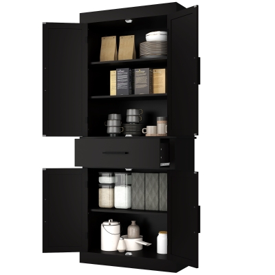 HOMCOM 72" Kitchen Storage Cabinet, Farmhouse Kitchen Pantry Cabinet with 4 Barn Doors, Drawer, Adjustable Shelves, Black