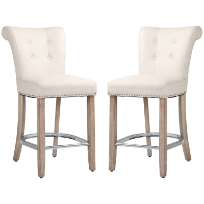 HOMCOM Bar Stools Set of 2, Upholstered Counter Height Stools with Button Tufted Back, Wood Legs and Footrest, Cream White