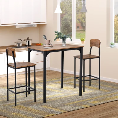HOMCOM 3-Piece Pub Table Set, Walnut Square Dining with Stools