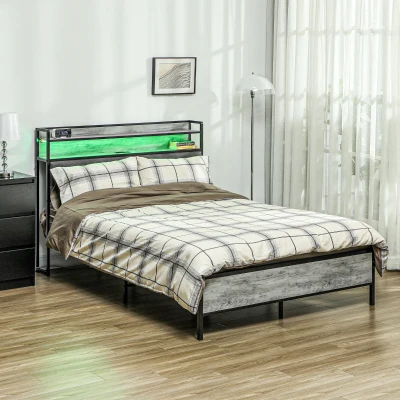 HOMCOM Full Bed Frame with Storage, LED Lights, Cement Gray
